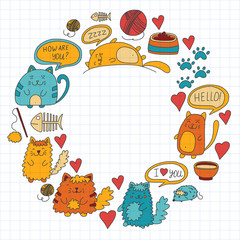 Cute doodle cats, kitty Domestic cats Vector sets with cute kittens for pet shop, cattery, veterinary clinic Doodle pattern for banner, poster, textile Children kids drawing for kindergarten