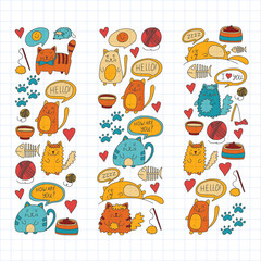 Cute doodle cats, kitty Domestic cats Vector sets with cute kittens for pet shop, cattery, veterinary clinic Doodle pattern for banner, poster, textile Children kids drawing for kindergarten