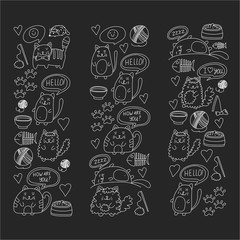 Cute doodle cats, kitty Domestic cats Vector sets with cute kittens for pet shop, cattery, veterinary clinic Doodle pattern for banner, poster, textile Children kids drawing for kindergarten