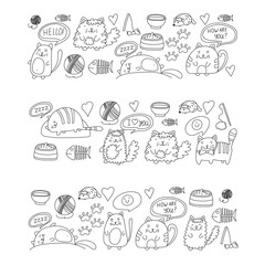 Cute doodle cats, kitty Domestic cats Vector sets with cute kittens for pet shop, cattery, veterinary clinic Doodle pattern for banner, poster, textile Children kids drawing for kindergarten