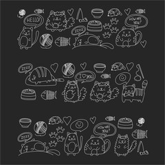 Cute doodle cats, kitty Domestic cats Vector sets with cute kittens for pet shop, cattery, veterinary clinic Doodle pattern for banner, poster, textile Children kids drawing for kindergarten