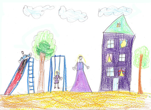 Child's  drawing  family. House, trees and bench