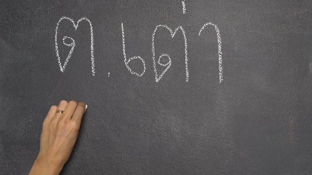Woman's hand writing Thai letter "ต" with white chalk on blackboard