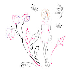 silhouette 17. a slender girl stands next to a flower