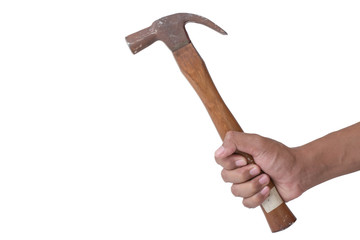 hand and Hammer strike nail on isolated background