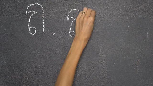 Woman's hand writing Thai letter "ถ" with white chalk on blackboard