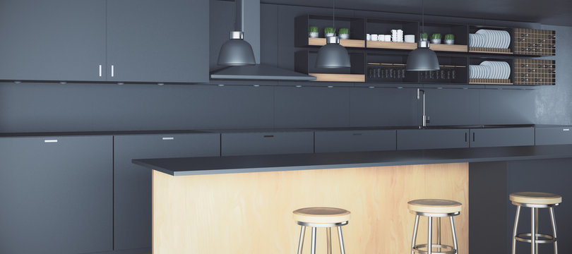 Contemporary dark kitchen counters closeup