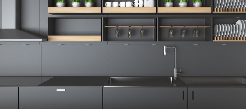Modern dark kitchen counters closeup