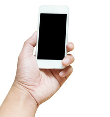 Man hand holding the white smartphone isolated on the white background clipping path include
