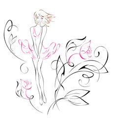 silhouette 19. a slender girl stands among the flowers, and the wind ruffles her dress