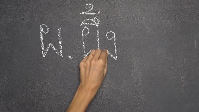 Woman's hand writing Thai letter "ก" with white chalk on blackboard