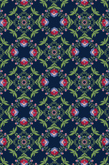 Dark blue background from embroidery of stylized flower with big leaves and twisted stems