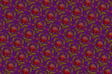 Purple background from embroidery of stylized flower with dirty green leaves and twisted stems