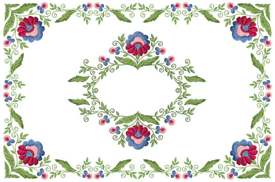 Frame of the pattern of garland with stylized flowers with leaves and center with wreath of flowers on white background