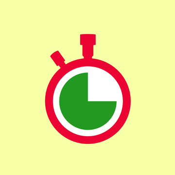 Stopwatch icon with red case, white dial and green remaining time, clock vector isolated on yellow background