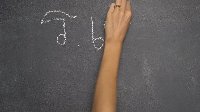 Woman's hand writing Thai letter "ร" with white chalk on blackboard