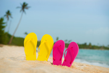 Fototapeta na wymiar Yellow and pink sandals stand in the sand against the background of the sea.