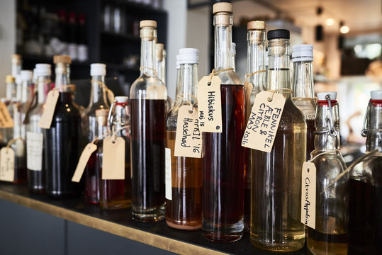 Bottles of different bitters and liqueurs
