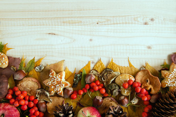 Border from colorful autumn leaves, mushrooms, rose hips, rowanberry, apples, nuts, cones and cookies on the wooden background. Fall background.