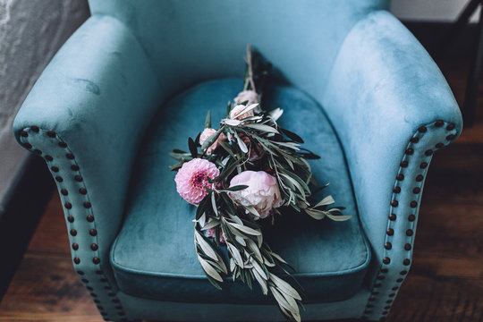 wedding bouquet on a couch