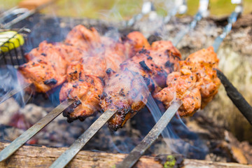 Fototapeta premium Close up pork meat grilled on skewers. Cooking shashlik in the forest. Grilling pork on coal with smoke