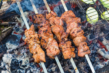 Close up pork meat grilled on skewers. Cooking shashlik in the forest. Grilling pork on coal