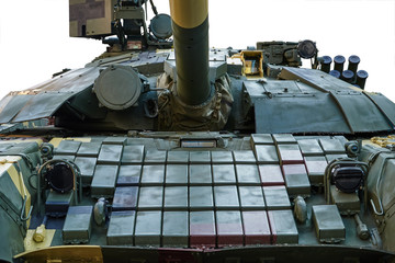 Tower and the front part of the tank with dynamic protection and optical devices. Isolated on a white background