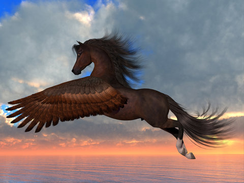 Bay Pegasus Horse - An Arabian Pegasus horse flies over the ocean with powerful wing beats on his way to his destination.