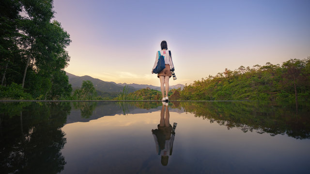 Asian Girl With The Lake,Huizhou,China