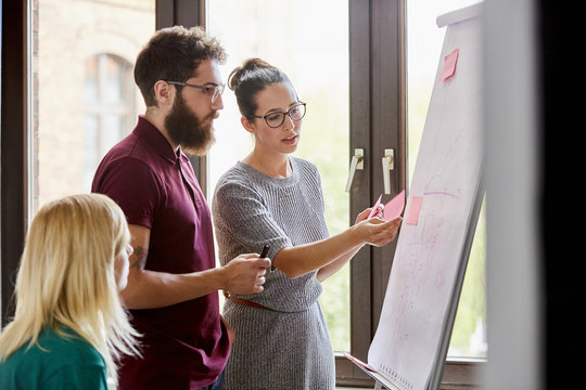 Businesspeople With Sticky Notes Discussing In Office