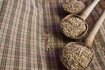 Food photography. Arrange of wood spoons with Sesame seed