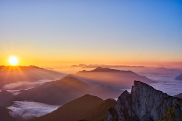 Fototapeta na wymiar Picturesque red sunrise in austrian Alps