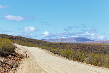 Dusty road on the Bushy landscape with mountains