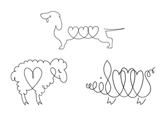 Set of line images of domestic animals - dogs, sheep, pigs.
