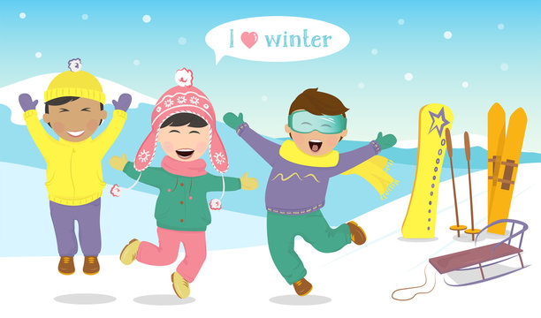 Cheerful kids jump and laugh joyfully with skiing, sledging and snowboarding on the hillside.