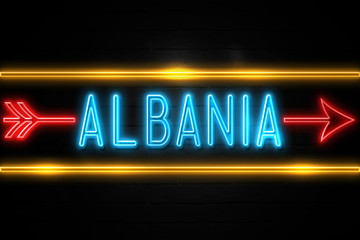 Albania  - fluorescent Neon Sign on brickwall Front view