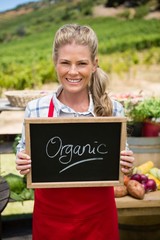 Portrait of happy woman holding slate with text in vineyard