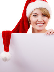 Woman with blank empty banner board. Christmas