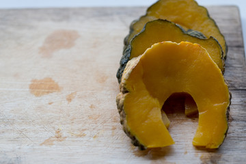 Closeup Pumpkin on wood background, Thailand