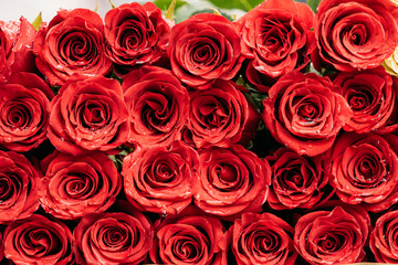 Bouquet Of Beautiful Red Roses With Drops Of Water
