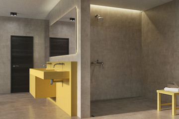 Concrete bathroom, yellow sink, side