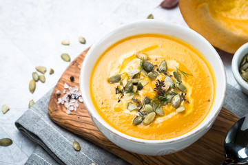 Pumpkin and carrot cream soup.