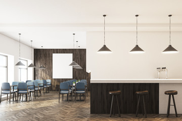 Gray chairs cafe interior with a poster, bar