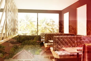 Loft cafe with gray sofas, posters toned