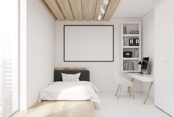 White wall bedroom and home office, front