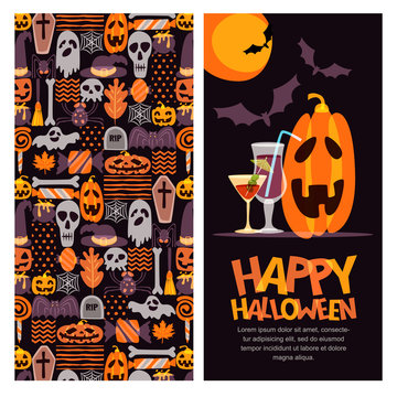 Happy Halloween vector banner, poster, greeting or invitation design with place for text. Hand drawn doodle texture and label with pumpkin, cocktails and letters. Holiday design elements.
