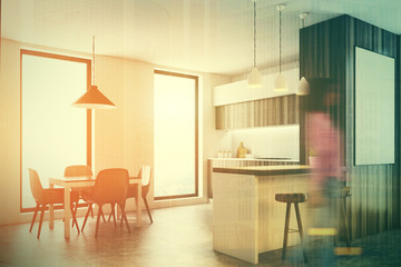 Wooden and white kitchen with a bar, poster toned