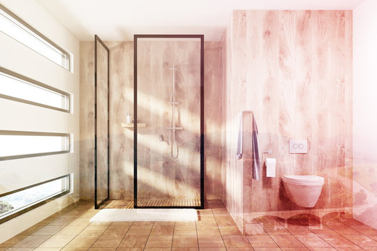 Wooden shower and toilet, toned