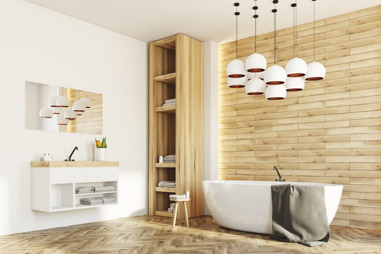 White and wooden bathroom, side
