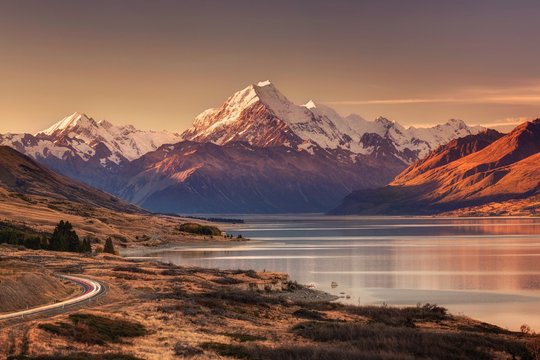 Road to Mount Cook at Sunset, New Zealand